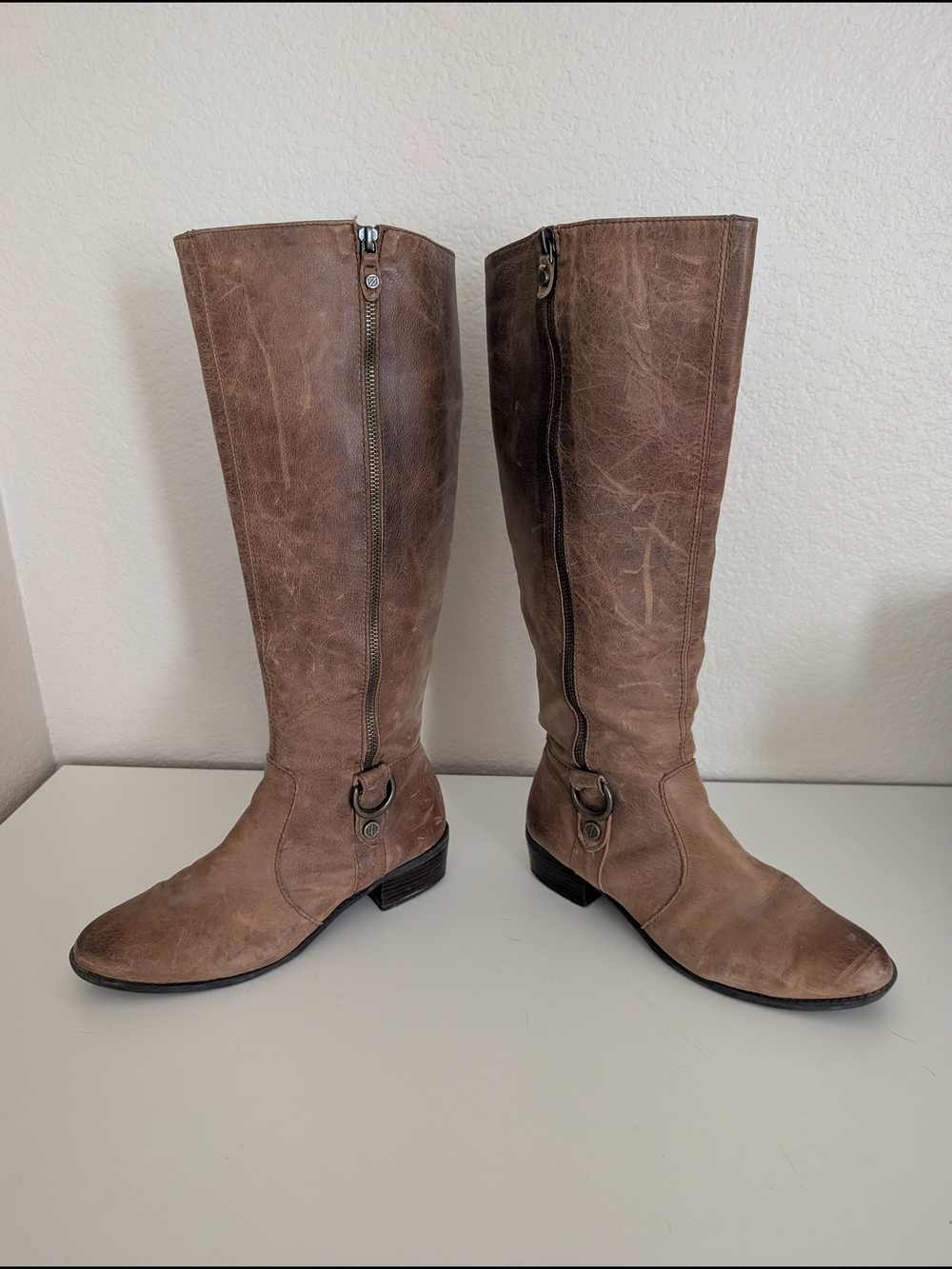 ANTONIO MELANI Distressed Brown Knee-High Zip Riding Boots